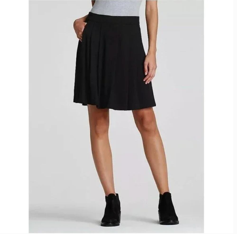 Eileen Fisher Pleated Pull On Skirt L Black Stretch Jersey Knit Capsule Travel